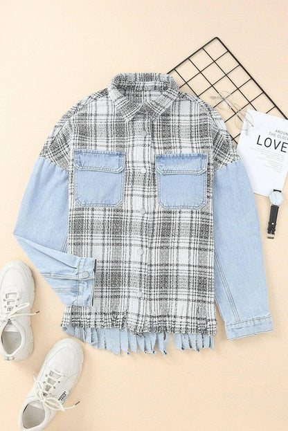 Plaid denim jacket with snap closure and fringe detailing