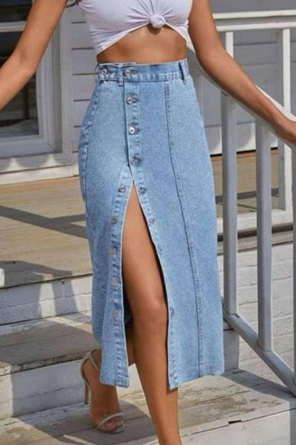 Chic denim midi skirt with daring front slit and stylish button accents