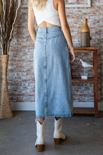 Chic Blue Denim Midi Skirt with Stylish Slit Detail from Veveret