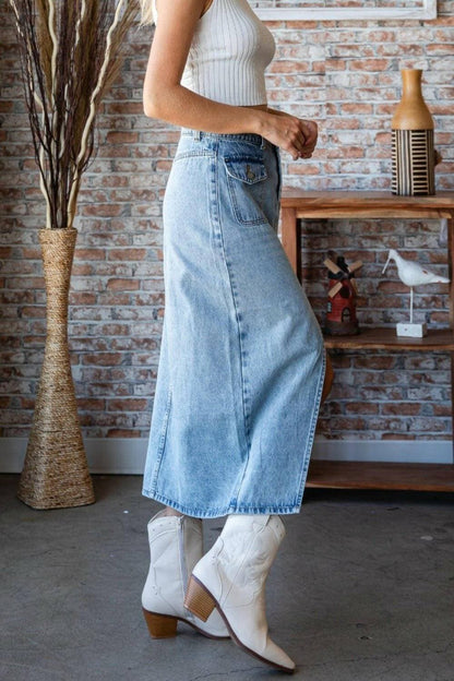 Chic Blue Denim Midi Skirt with Stylish Slit Detail from Veveret