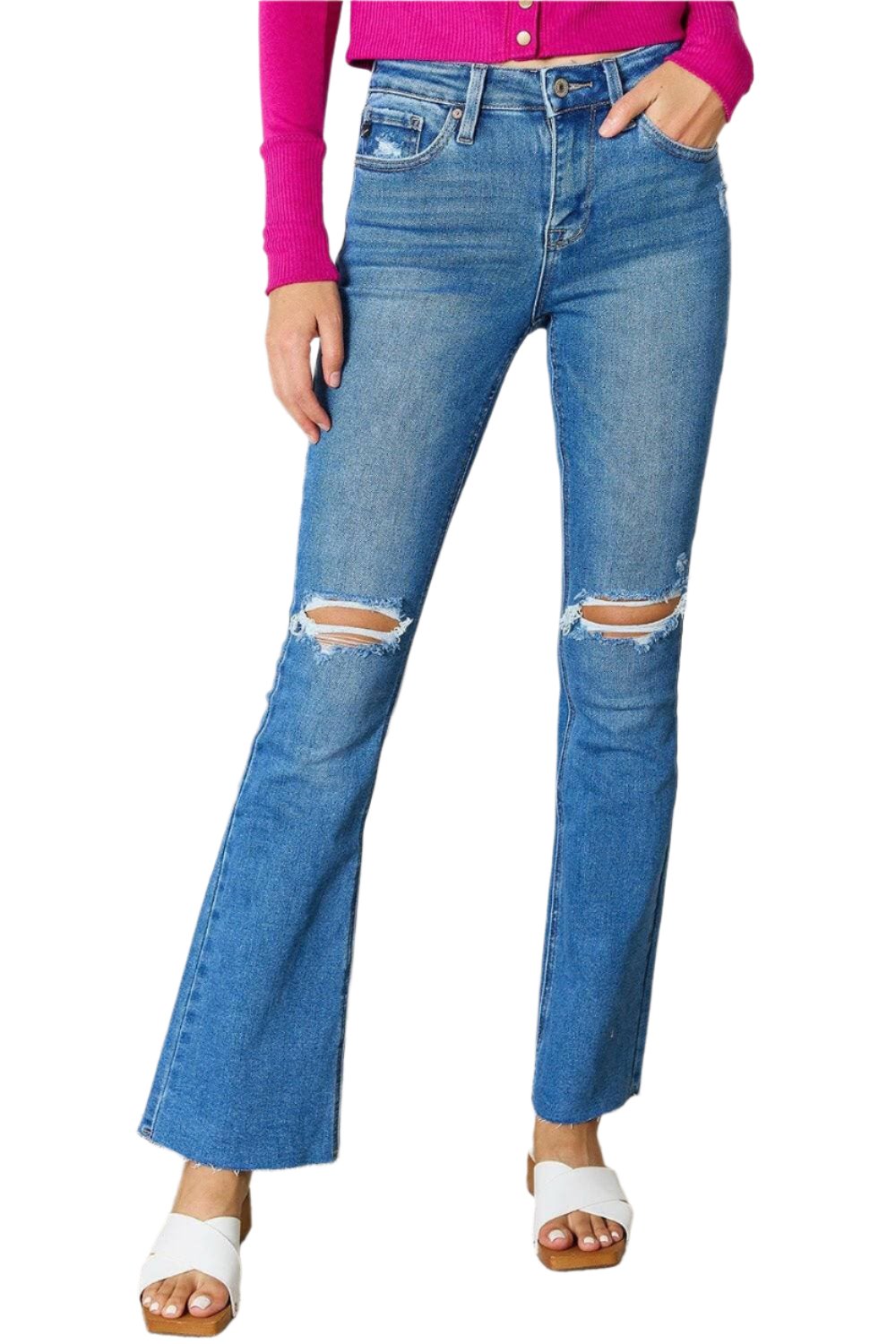 Urban Vibe Distressed Bootcut Jeans with Unfinished Hem