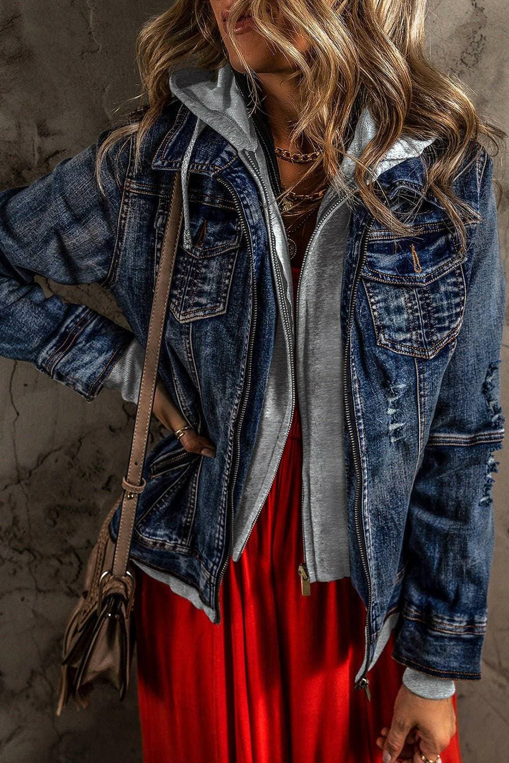 Denim zip-up hoodie jacket with stylish design and cozy hood.