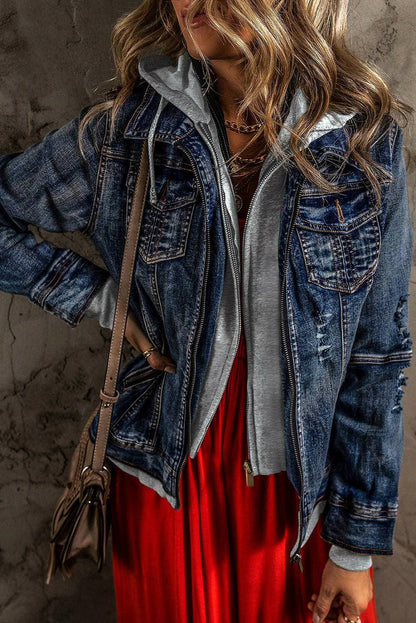 Denim Hoodie Jacket with Zipper Contrast