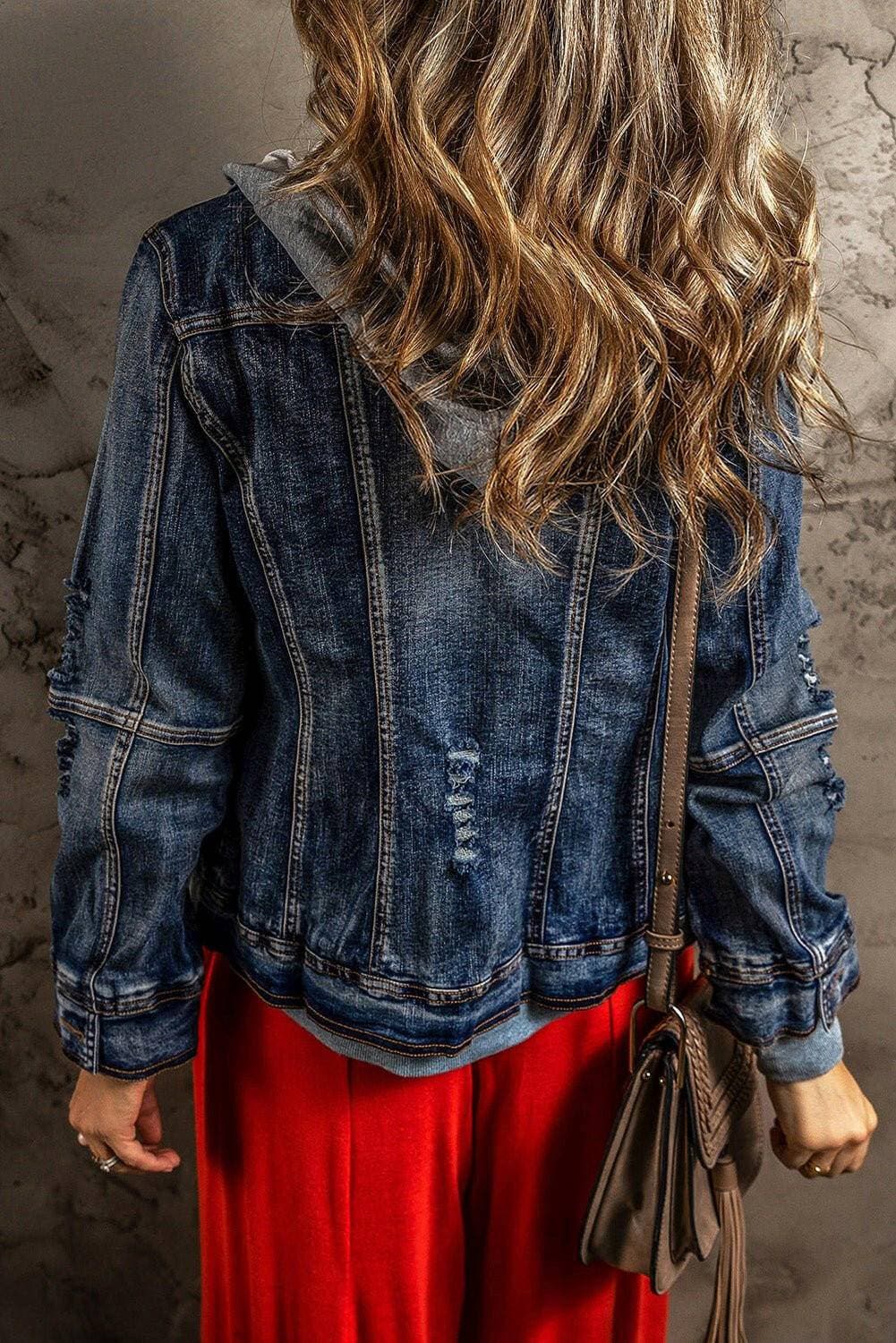 Denim Hoodie Jacket with Zipper Contrast