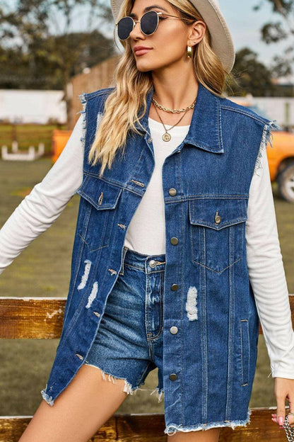 Stylish distressed denim sleeveless top with cowgirl vibes