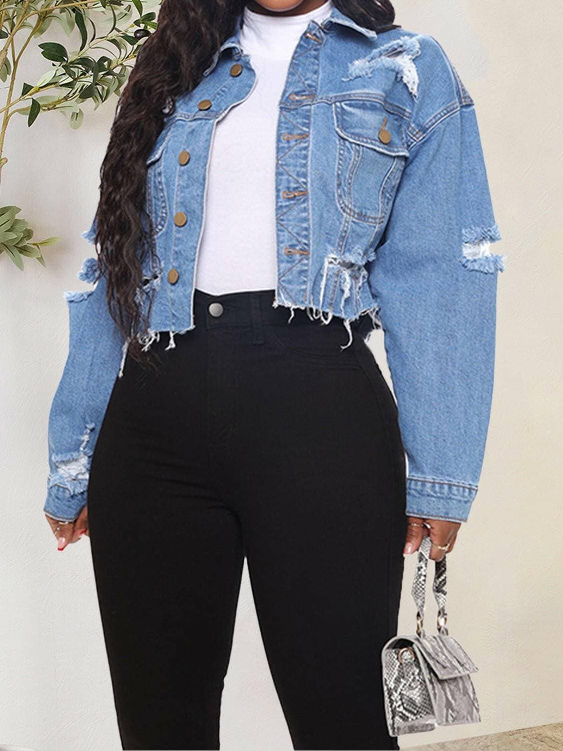 Distressed Denim Jacket with Raw HemStep Up Your Style Game
 
Elevate your look with the Distressed Denim Jacket with Raw Hem, a trendy wardrobe staple designed for those who wish to make a bold statemLove Salve Distressed Denim Jacketjeans