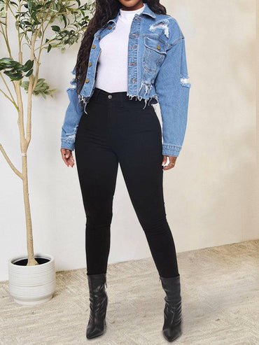 Distressed Denim Jacket with Raw HemStep Up Your Style Game
 
Elevate your look with the Distressed Denim Jacket with Raw Hem, a trendy wardrobe staple designed for those who wish to make a bold statemLove Salve Distressed Denim Jacketjeans