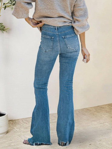 Bootcut-Jeans im Distressed-Look mit offenem Saum und dehnbarem Stoff