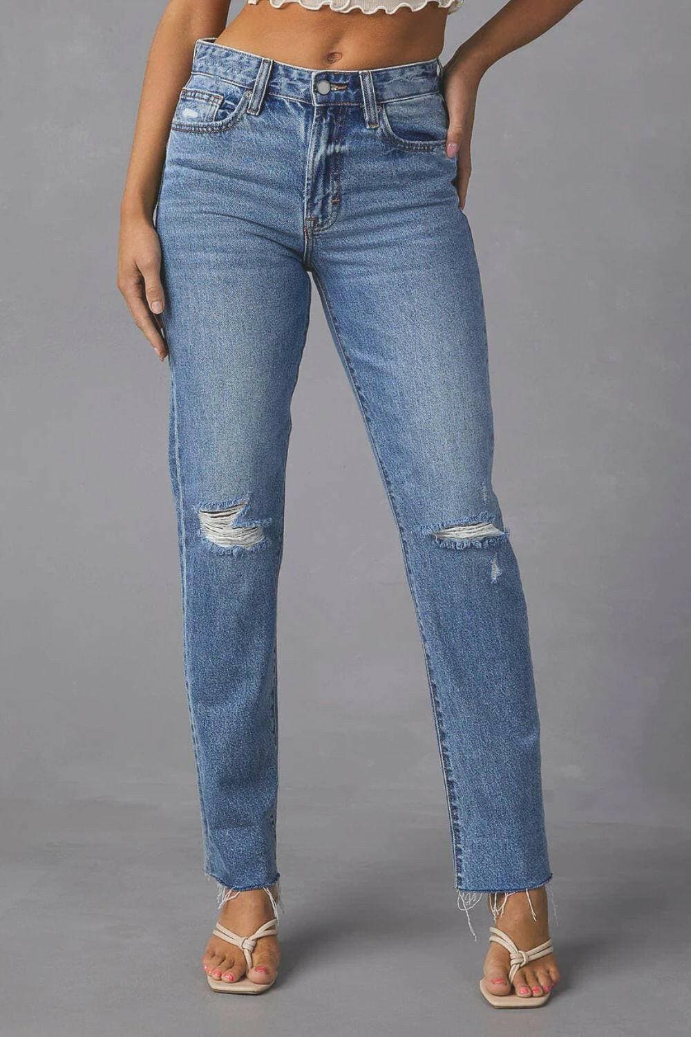 Modische Distressed Straight Jeans mit offenem Saum und Taschen