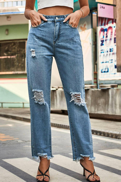 Ripped-Style Loose Fit Denim JeansUpgrade Your Style with Ripped-Style Loose Fit Denim Jeans
 Revamp your casual wardrobe effortlessly with our Ripped-Style Loose Fit Denim Jeans. Designed for those Love Salve Ripped-Style Loose Fit Denim Jeansjeans