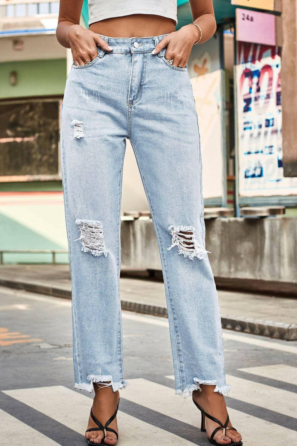 Ripped-Style Loose Fit Denim JeansUpgrade Your Style with Ripped-Style Loose Fit Denim Jeans
 Revamp your casual wardrobe effortlessly with our Ripped-Style Loose Fit Denim Jeans. Designed for those Love Salve Ripped-Style Loose Fit Denim Jeansjeans