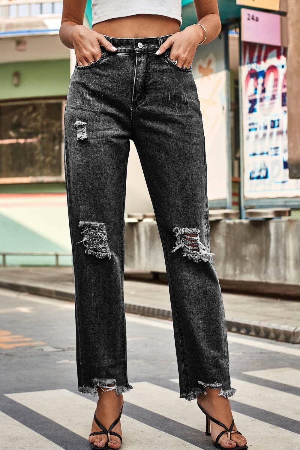 Ripped-Style Loose Fit Denim JeansUpgrade Your Style with Ripped-Style Loose Fit Denim Jeans
 Revamp your casual wardrobe effortlessly with our Ripped-Style Loose Fit Denim Jeans. Designed for those Love Salve Ripped-Style Loose Fit Denim Jeansjeans