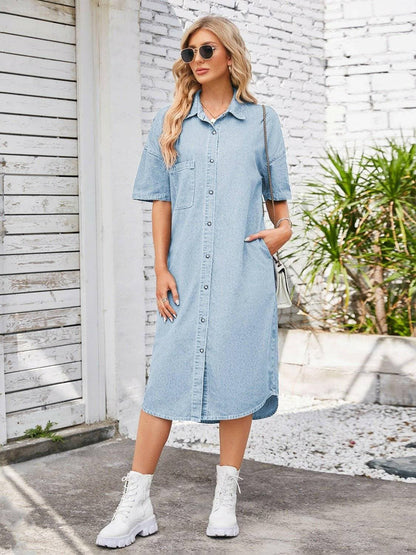 Chic Denim Button-Up Dress with Relaxed ShouldersChic Denim Button-Up Dress with Relaxed Shoulders

Upgrade your style game with our Chic Denim Button-Up Dress, a perfect blend of trendsetting design and comfort. TLove Salve Chic Denim Button-jeans