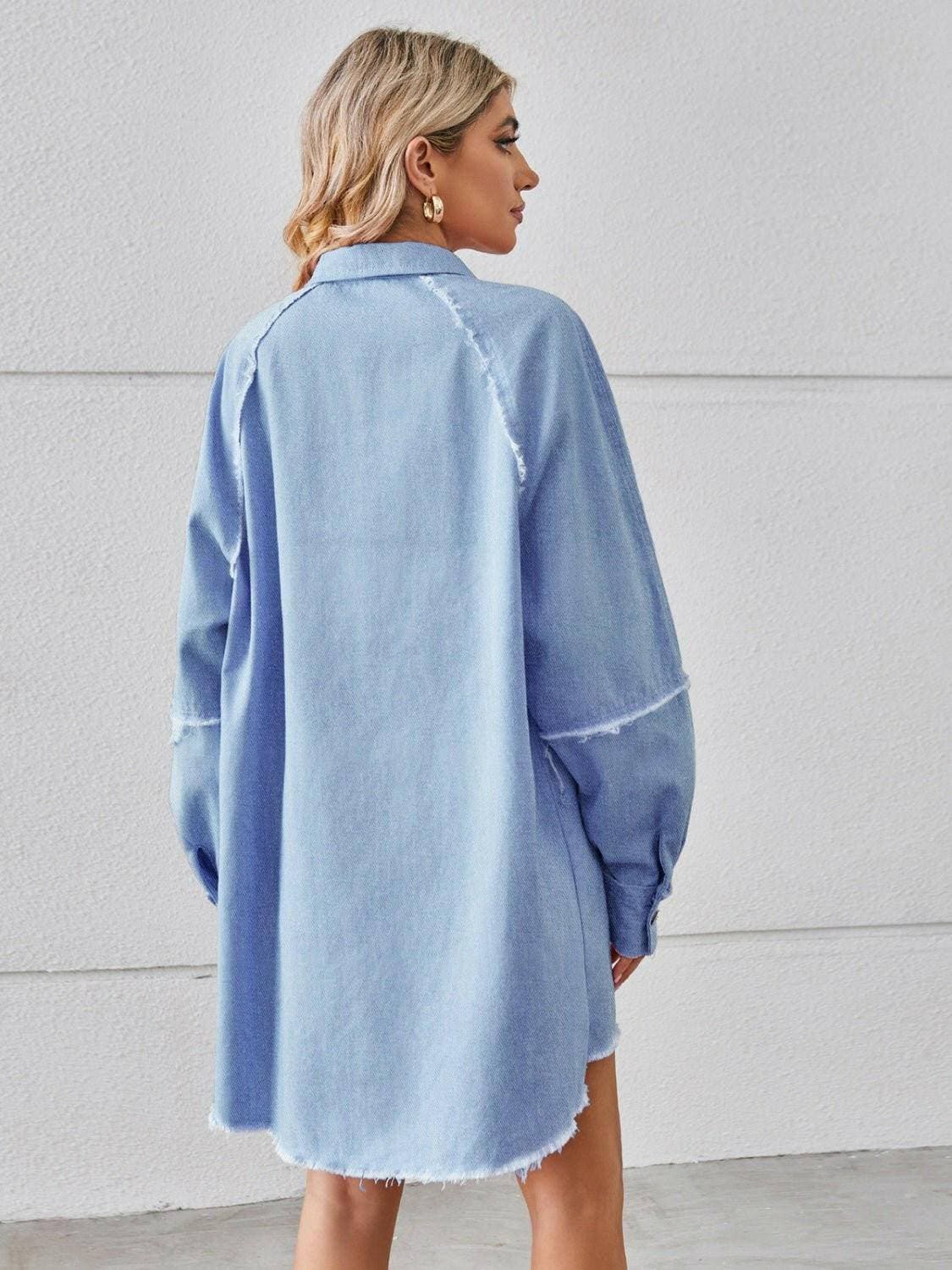 Chic raw edge denim shirt dress with practical pockets