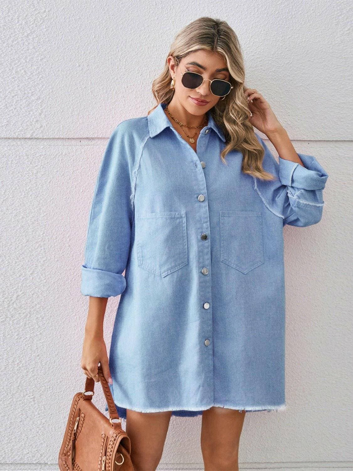 Chic raw edge denim shirt dress with practical pockets