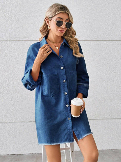 Chic raw edge denim shirt dress with practical pockets