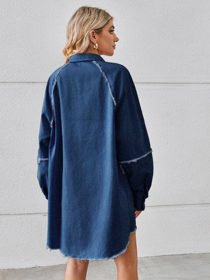 Chic raw edge denim shirt dress with practical pockets