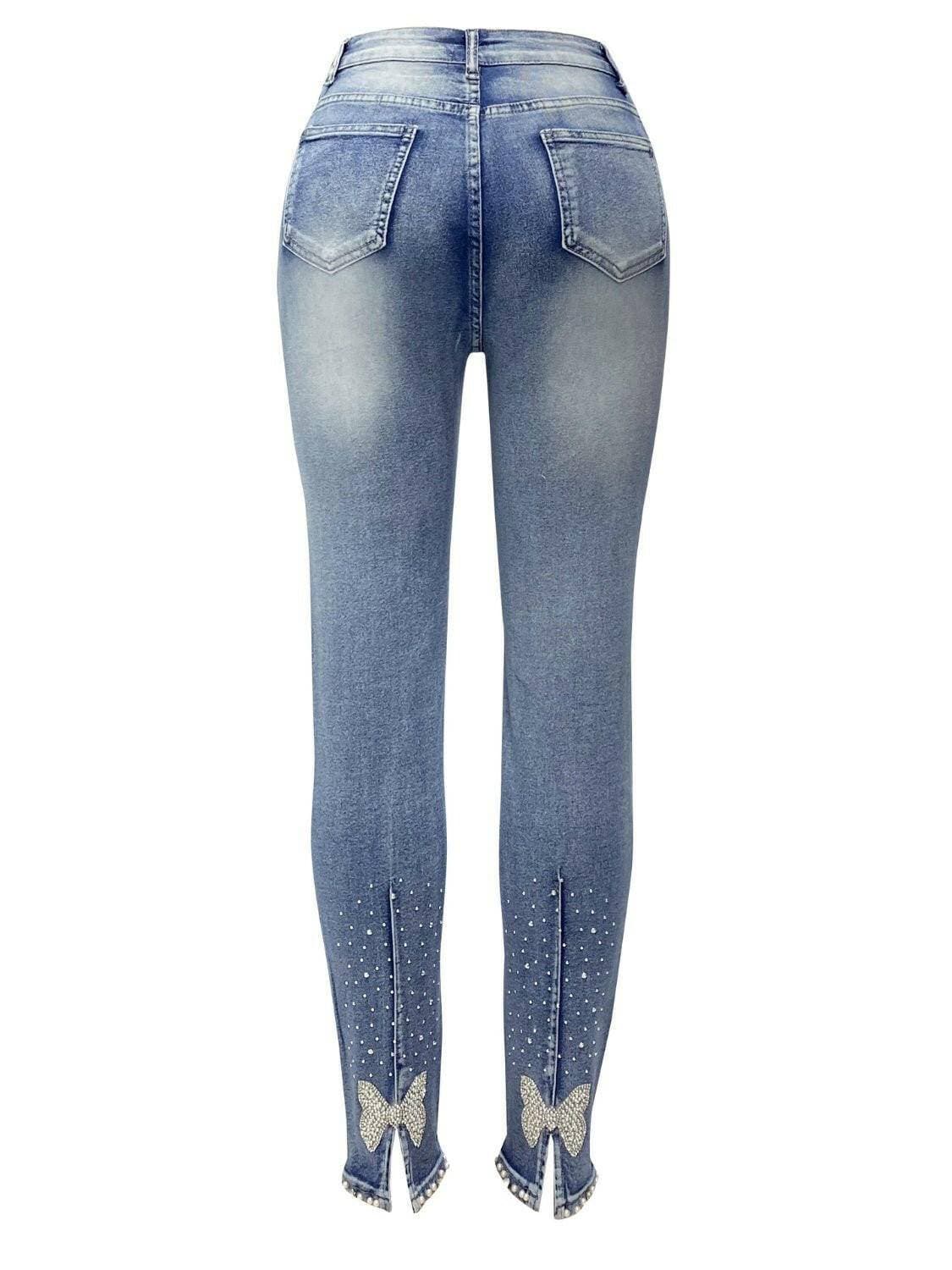 Schimmernde Strass-Jeans-Leggings mit funktionellen Taschen