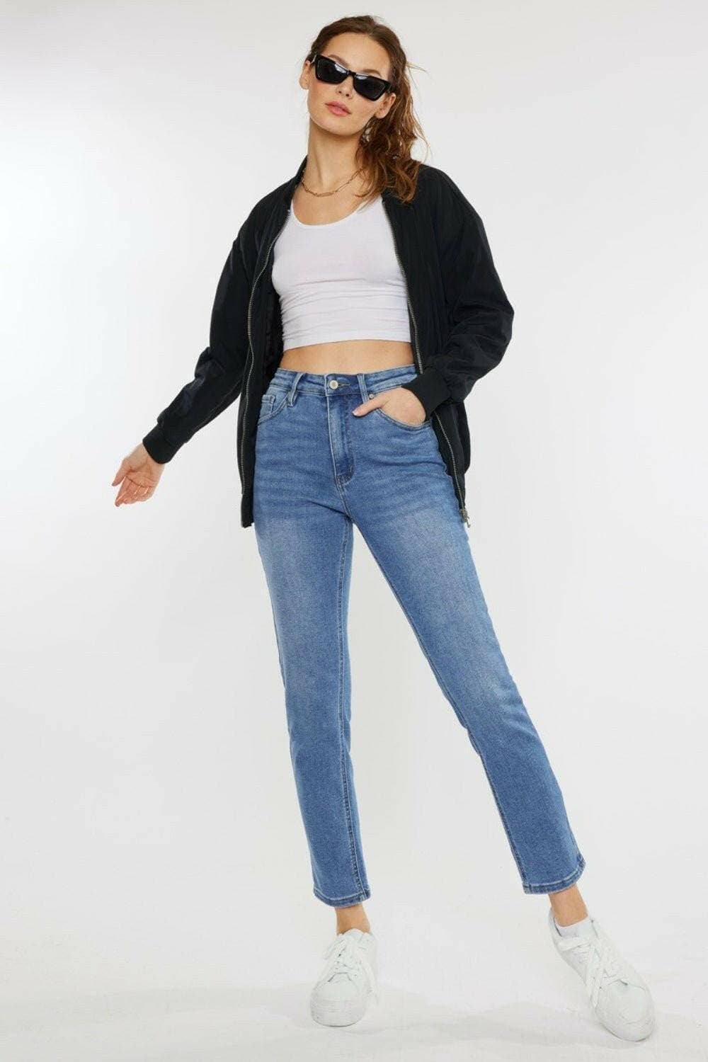 Retro Chic High Waist Jeans with Whiskered Cat Detail - Love Salve 