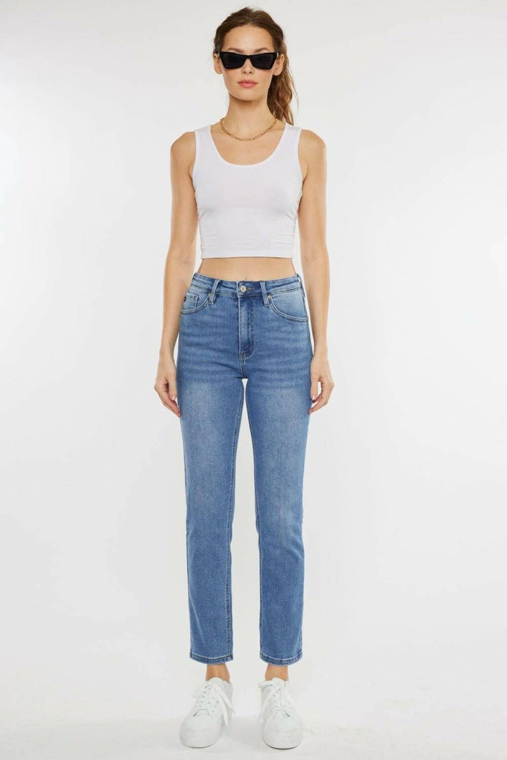 Retro Chic High Waist Jeans with Whiskered Cat Detail - Love Salve 