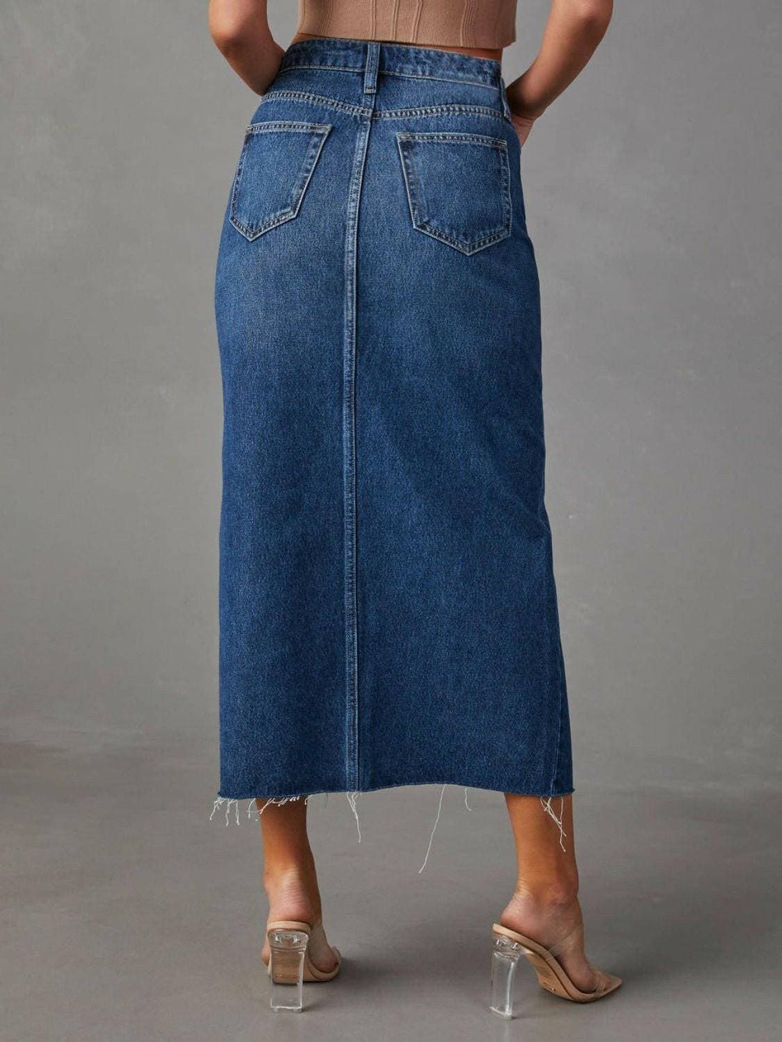 Stylish distressed denim skirt with trendy slit detail