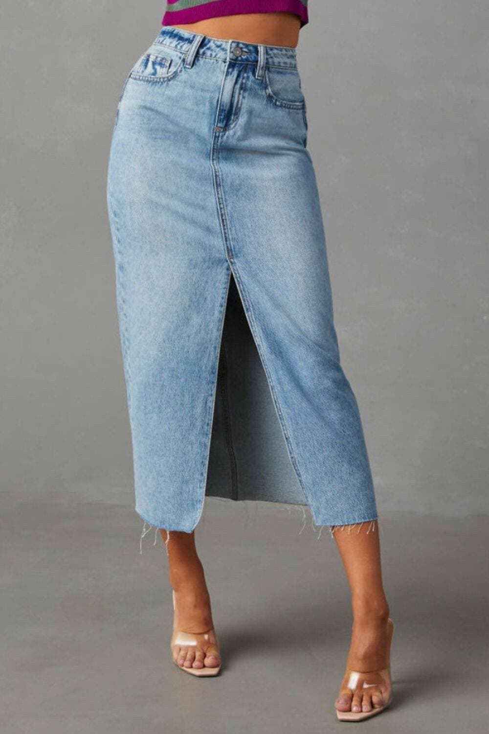 Stylish distressed denim skirt with trendy slit detail