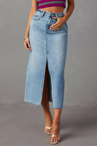 Stylish distressed denim skirt with trendy slit detail