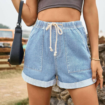 Stylish high-waisted denim shorts with adjustable drawstring and pockets