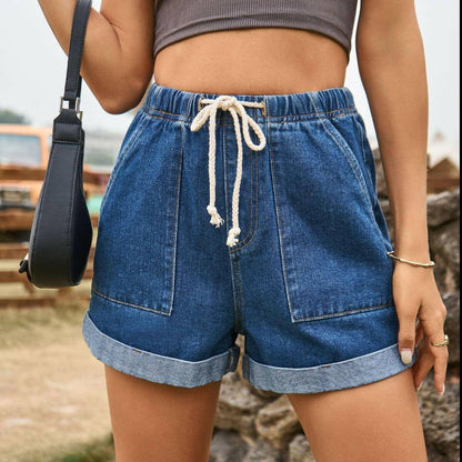 Stylish high-waisted denim shorts with adjustable drawstring and pockets