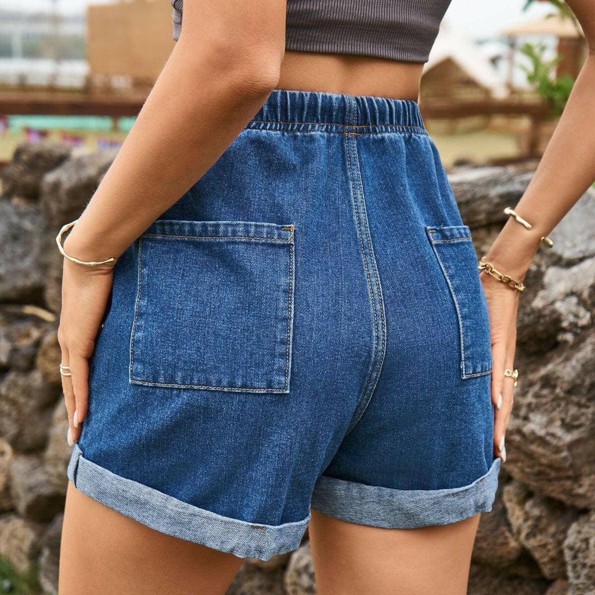 Stylish high-waisted denim shorts with adjustable drawstring and pockets