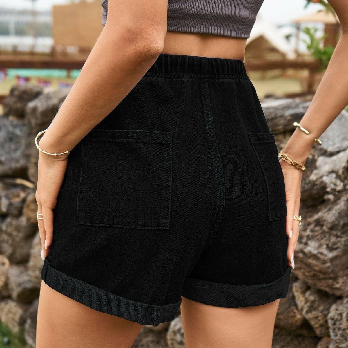 Stylish high-waisted denim shorts with adjustable drawstring and pockets