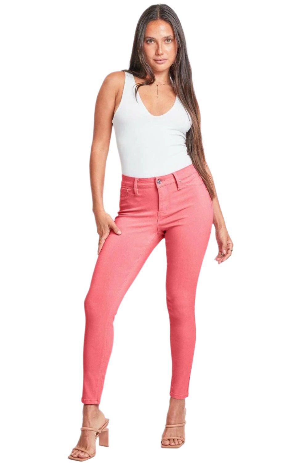 YMI Hyperstretch Mid-Rise Skinny Jeans in pink, showcasing flexible fit and chic design.