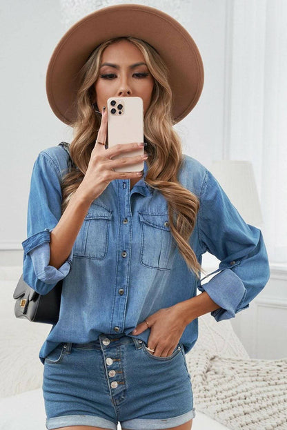 Chic Roll-Tab Sleeve Denim BlouseUpgrade Your Wardrobe with the Chic Roll-Tab Sleeve Denim Blouse

Revamp your style with this versatile Chic Roll-Tab Sleeve Denim Blouse. Crafted from 100% cotton, Love Salve Chic Roll-Tab Sleeve Denim Blousejeans