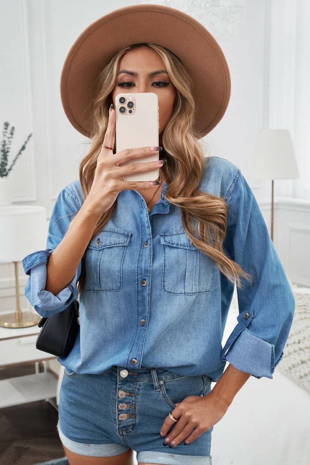 Chic Roll-Tab Sleeve Denim BlouseUpgrade Your Wardrobe with the Chic Roll-Tab Sleeve Denim Blouse

Revamp your style with this versatile Chic Roll-Tab Sleeve Denim Blouse. Crafted from 100% cotton, Love Salve Chic Roll-Tab Sleeve Denim Blousejeans