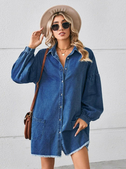 Chic denim shirt dress with functional pockets and trendy distressed hem