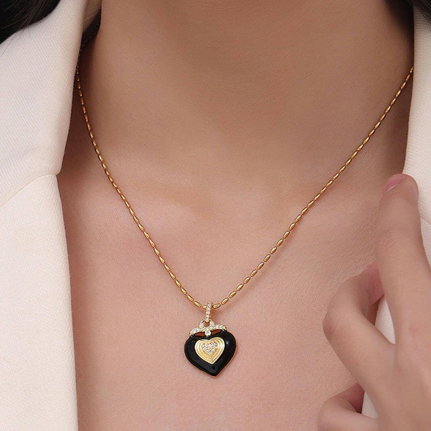 Elegant Czech Diamond Heart Necklace in Titanium Steel and Enamel - Love Salve 