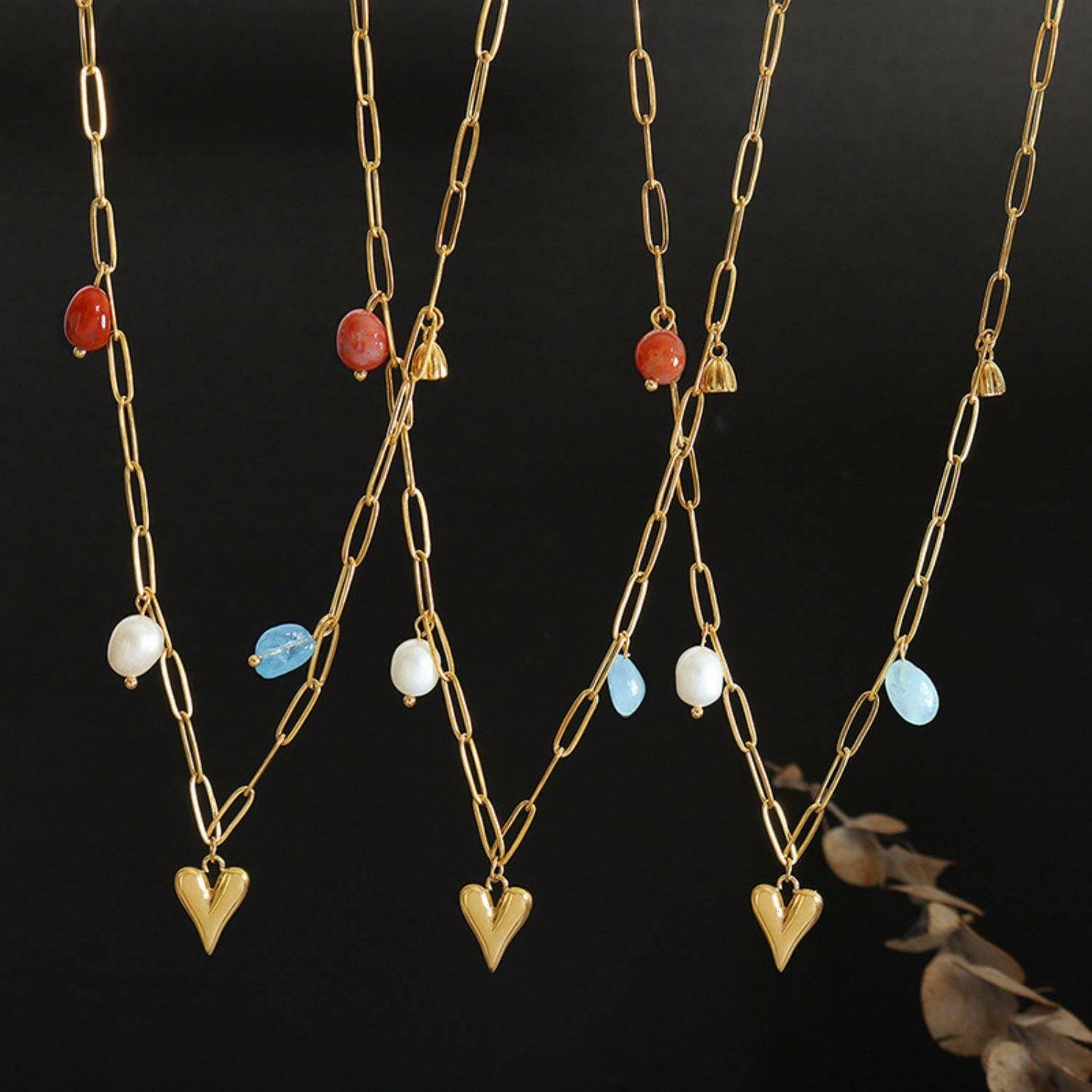 Elegant Heart-shaped Necklace with Pearl and Natural Stone Accent - Love Salve 