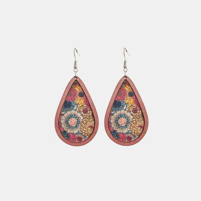 Floral Wood Teardrop Earrings with Leather Accent - Love Salve 