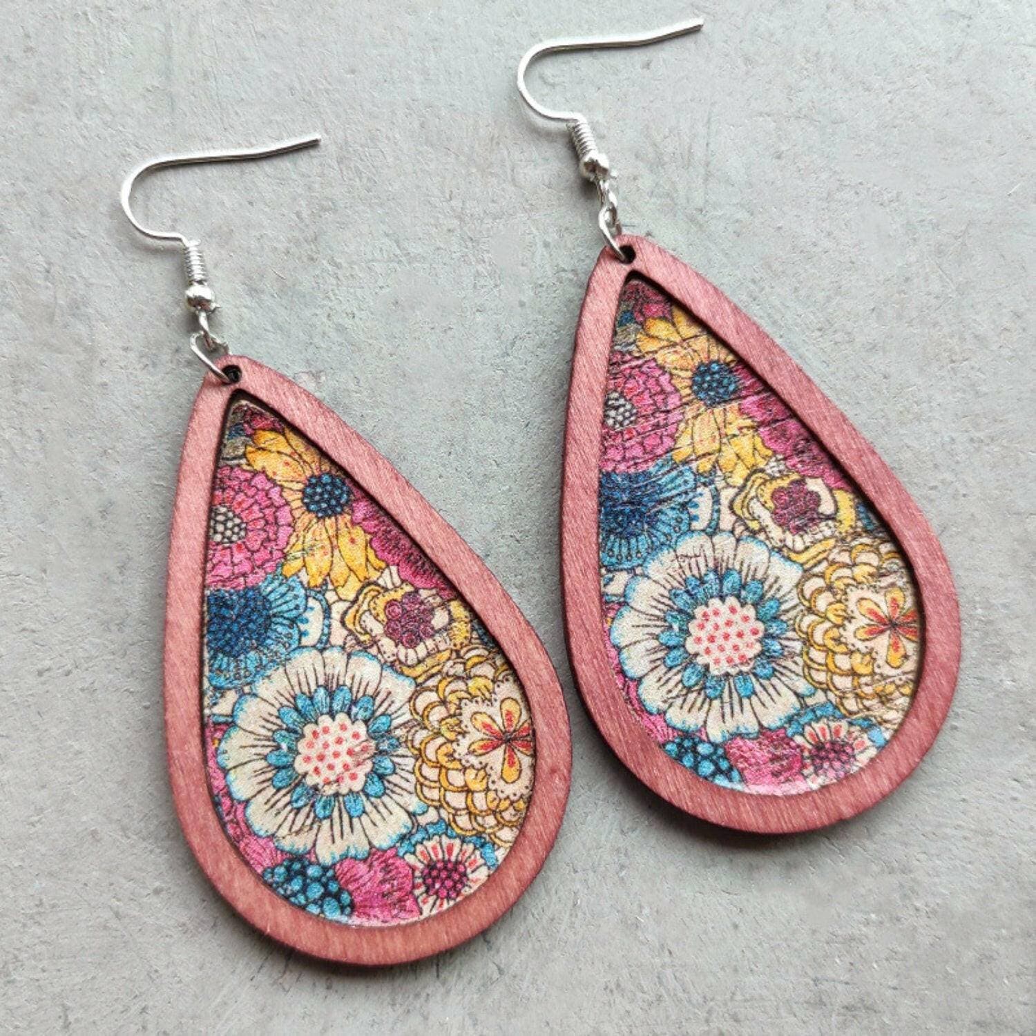 Floral Wood Teardrop Earrings with Leather Accent - Love Salve 