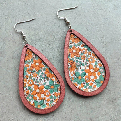 Floral Wood Teardrop Earrings with Leather Accent - Love Salve 