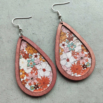 Floral Wood Teardrop Earrings with Leather Accent - Love Salve 