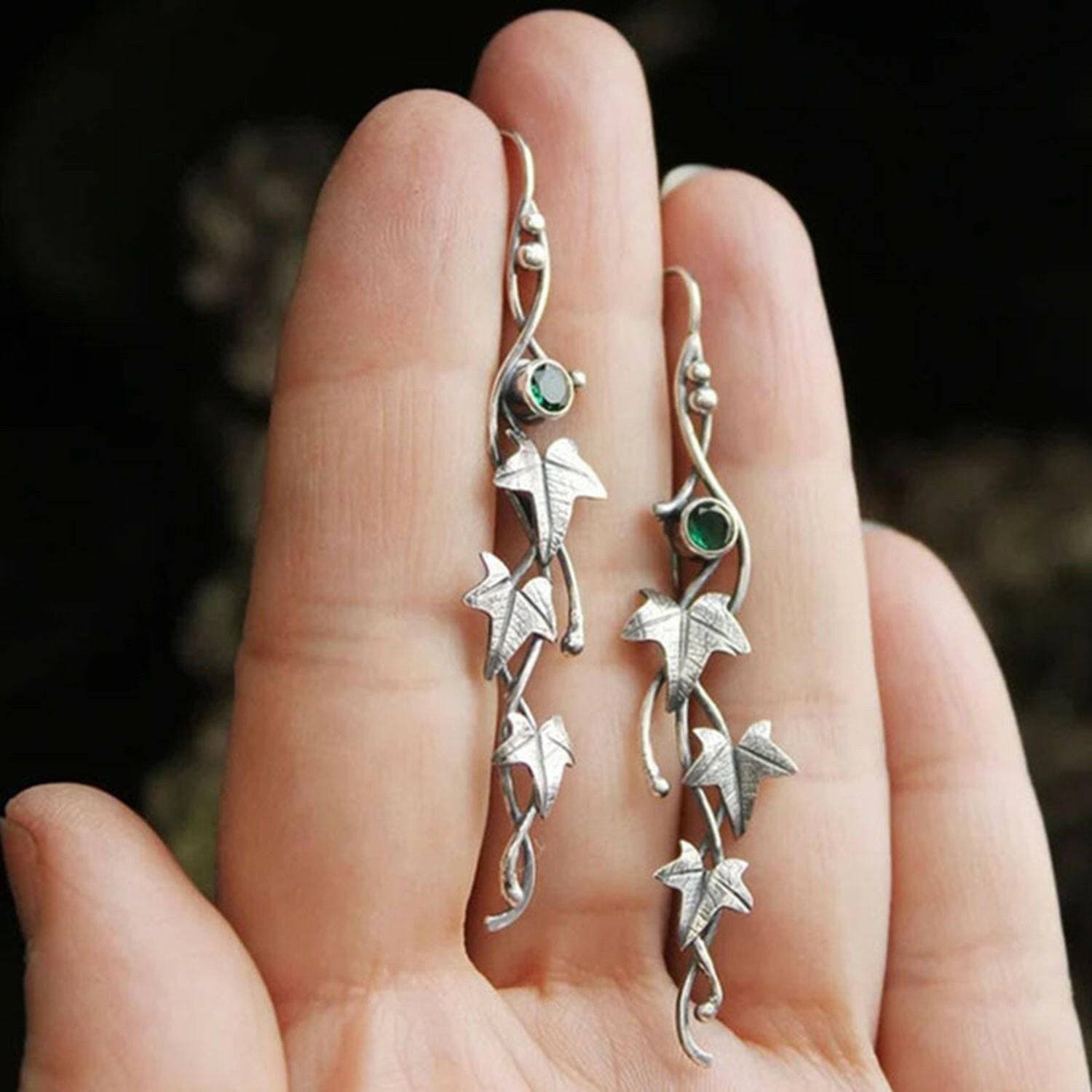 Ivy Leaf Alloy Dangle Earrings with Elegant Zircon Detail - Love Salve 