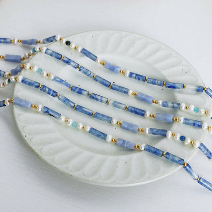 Chic blue chalcedony geometric necklace with pearls and titanium accents