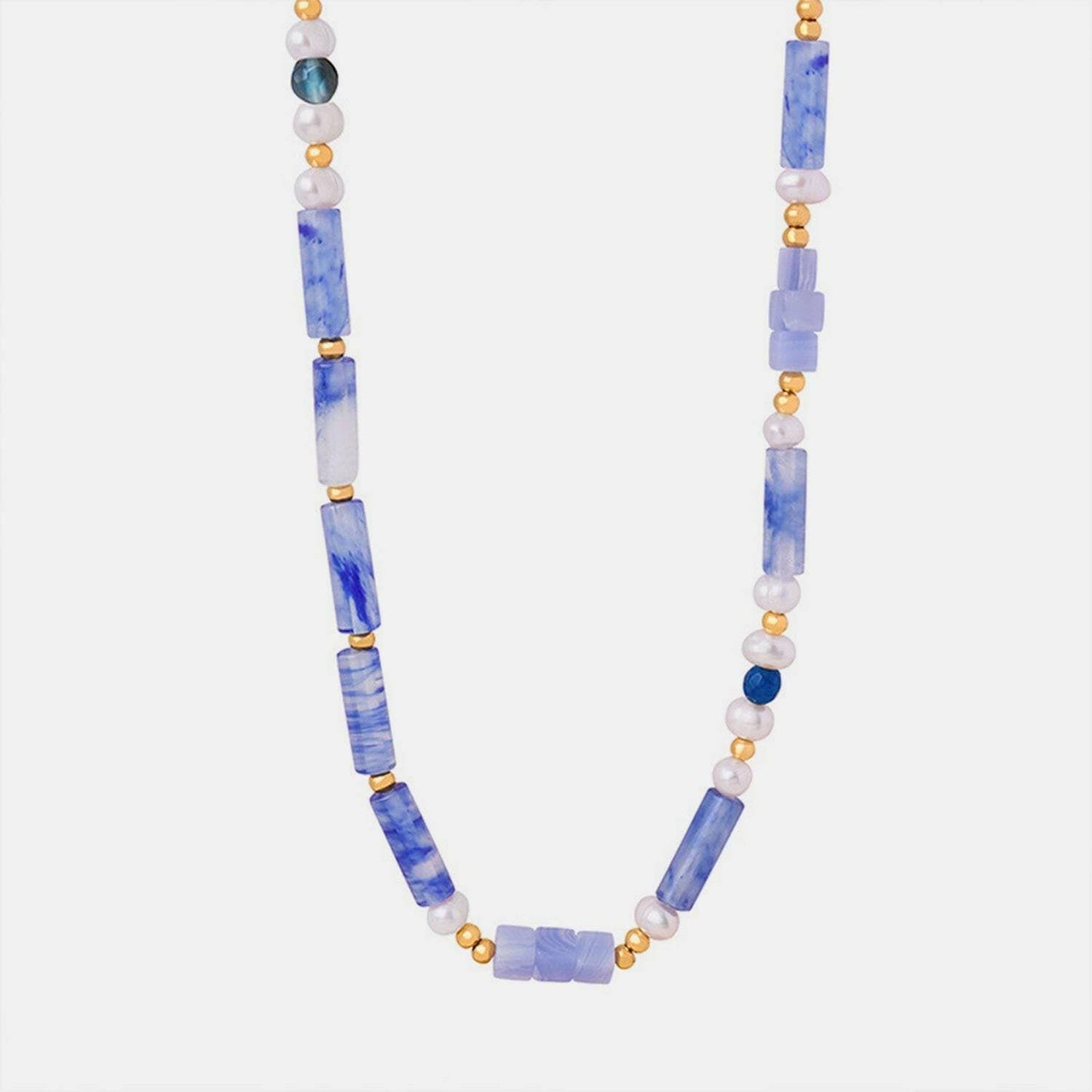 Chic blue chalcedony geometric necklace with pearls and titanium accents