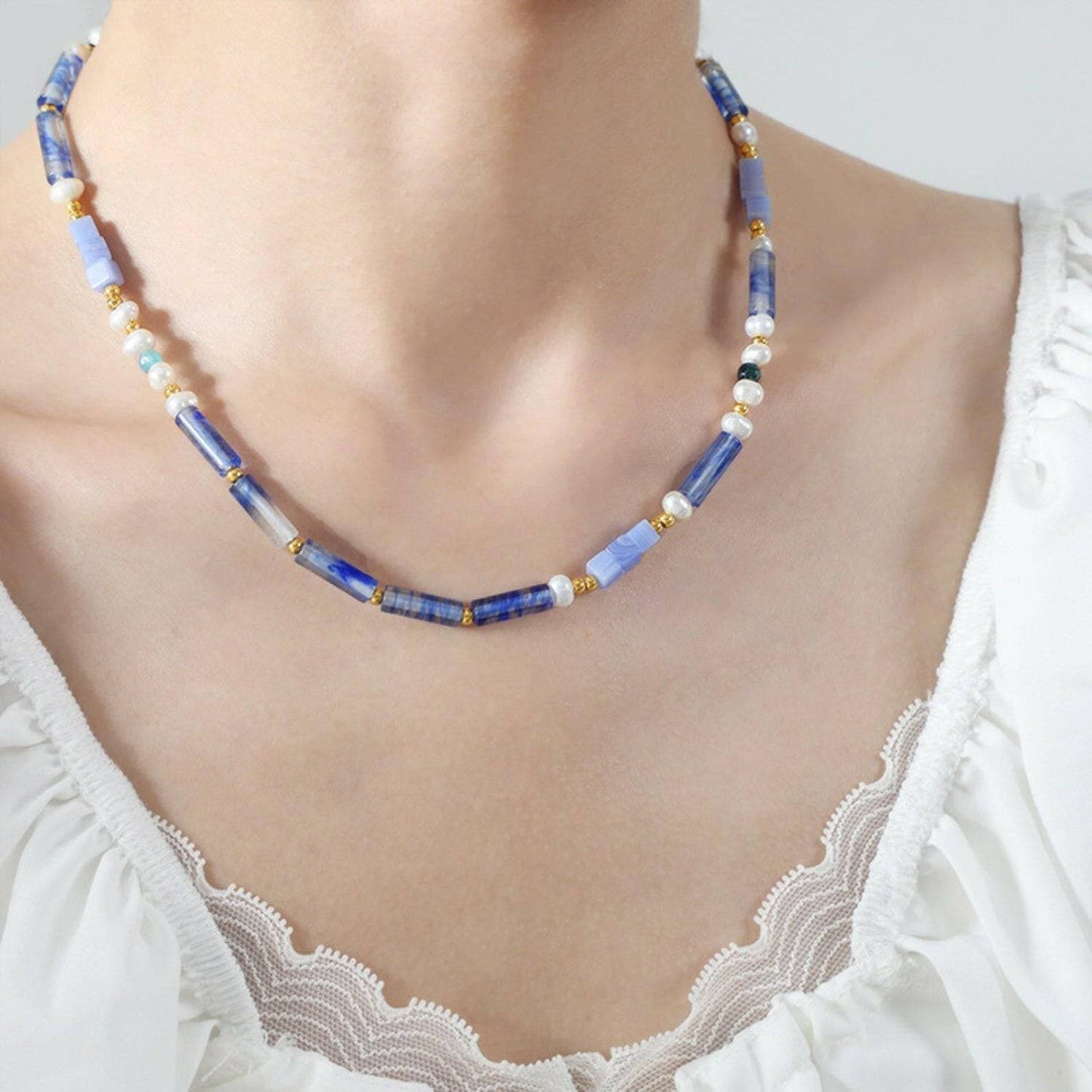 Chic blue chalcedony geometric necklace with pearls and titanium accents