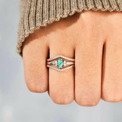 Vivid Turquoise V-Shaped Zircon Ring Set with Convertible Style - Love Salve 