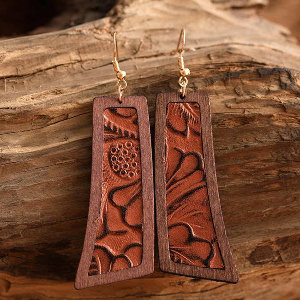 Wooden Geometric Drop Earrings - Elegant Geometric Wooden Dangle Earrings - Love Salve 