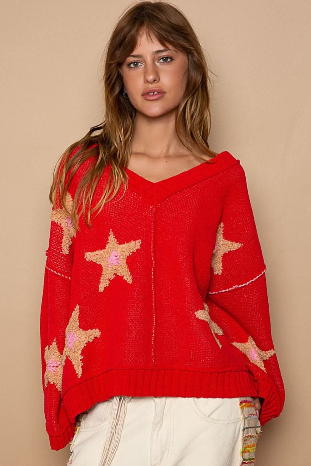 V-neck star patch sweater for women - Love Salve 