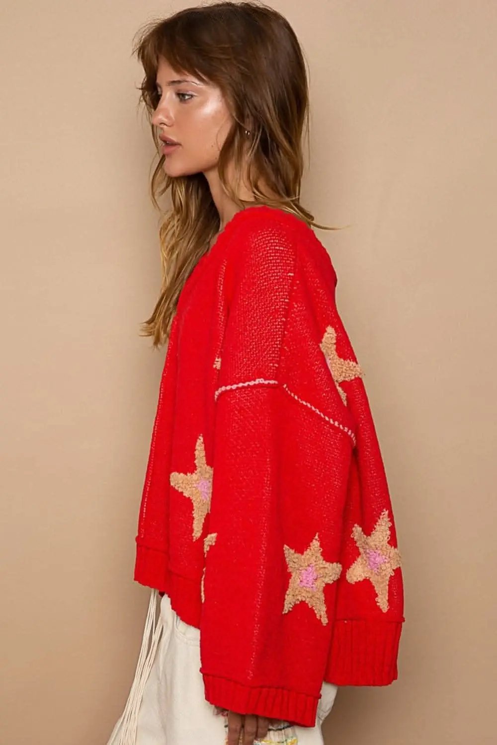 V-neck star patch sweater for women - Love Salve 