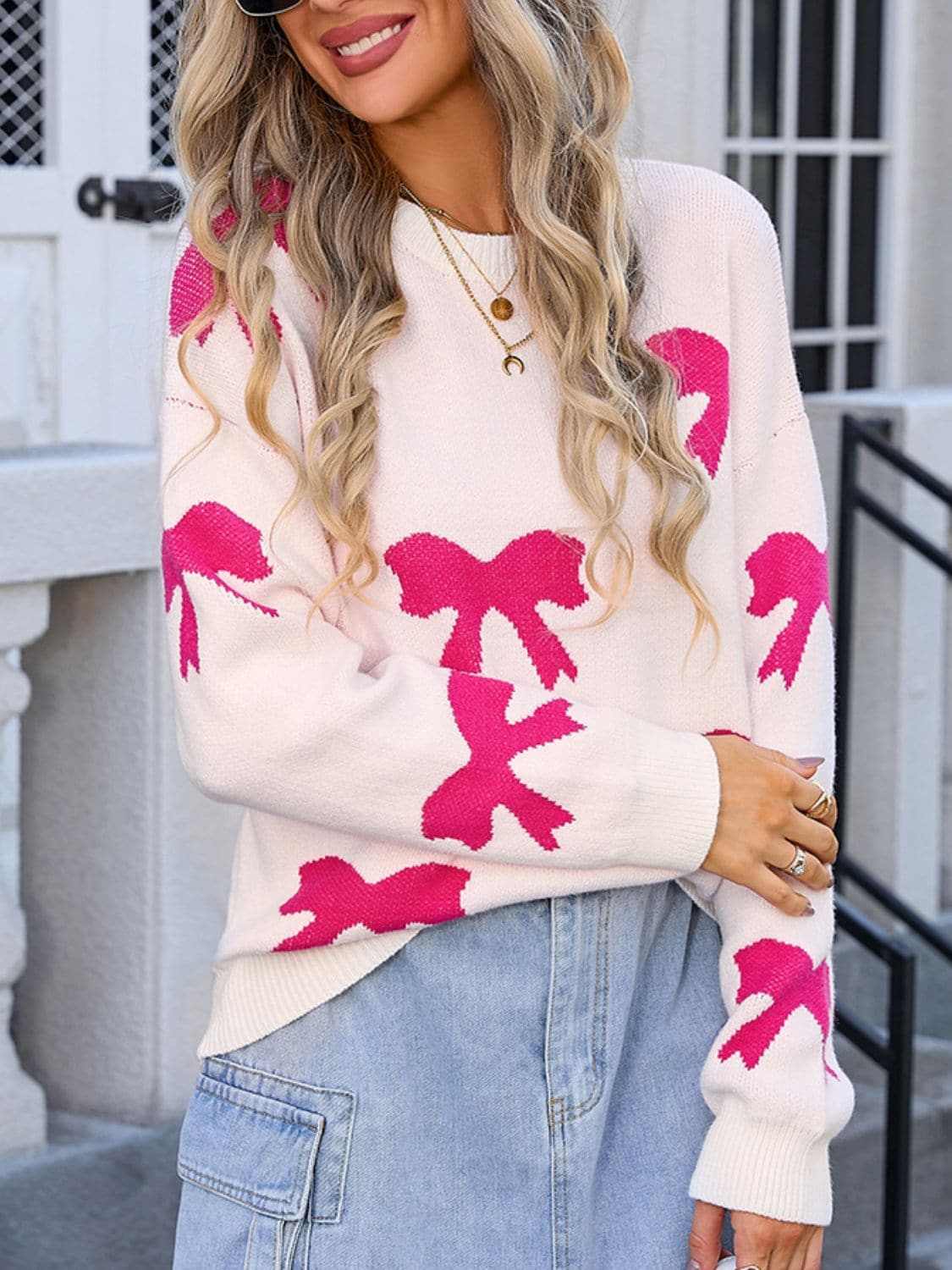 Cozy Knit Sweater with Bow Neck - Love Salve 